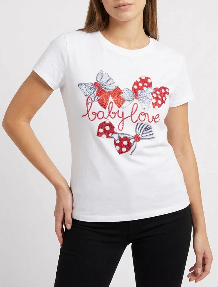 T-shirt bedrukt met gestrikte strass-steentjes - Wit - Image 4