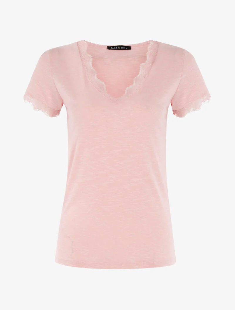 Gemêleerd T-shirt met kanten rand - lichtroze