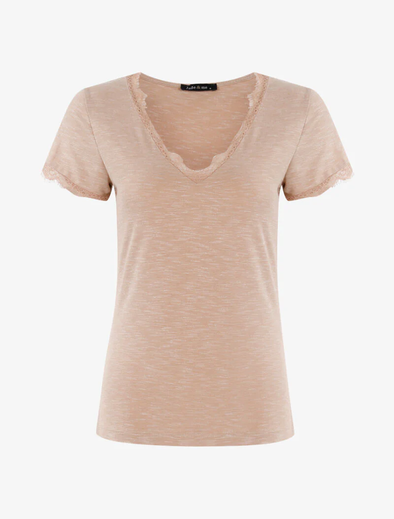 GemĂȘleerd T-shirt met kanten rand - beige