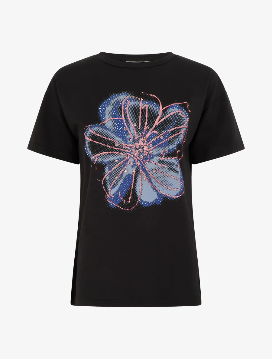 T-shirt met bloemenmotief en strass. - Zwart