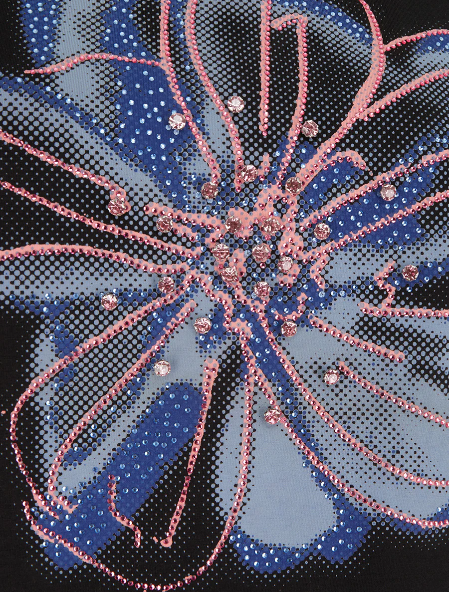 T-shirt met bloemenmotief en strass. - Zwart - Image 3