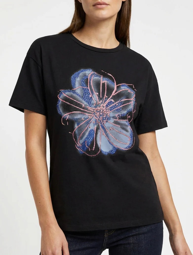 T-shirt met bloemenmotief en strass. - Zwart - Image 4