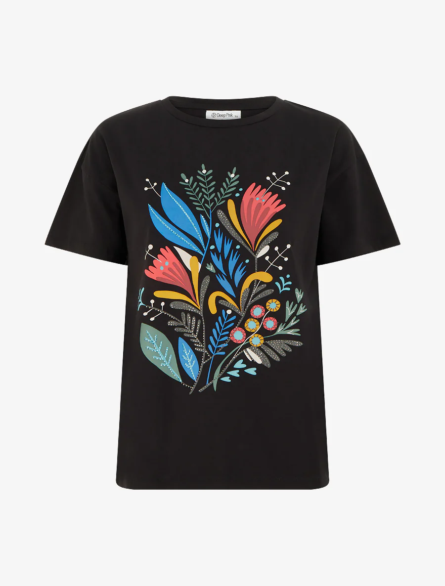 T-shirt met bloemenmotief en strasssteentjes - Zwart
