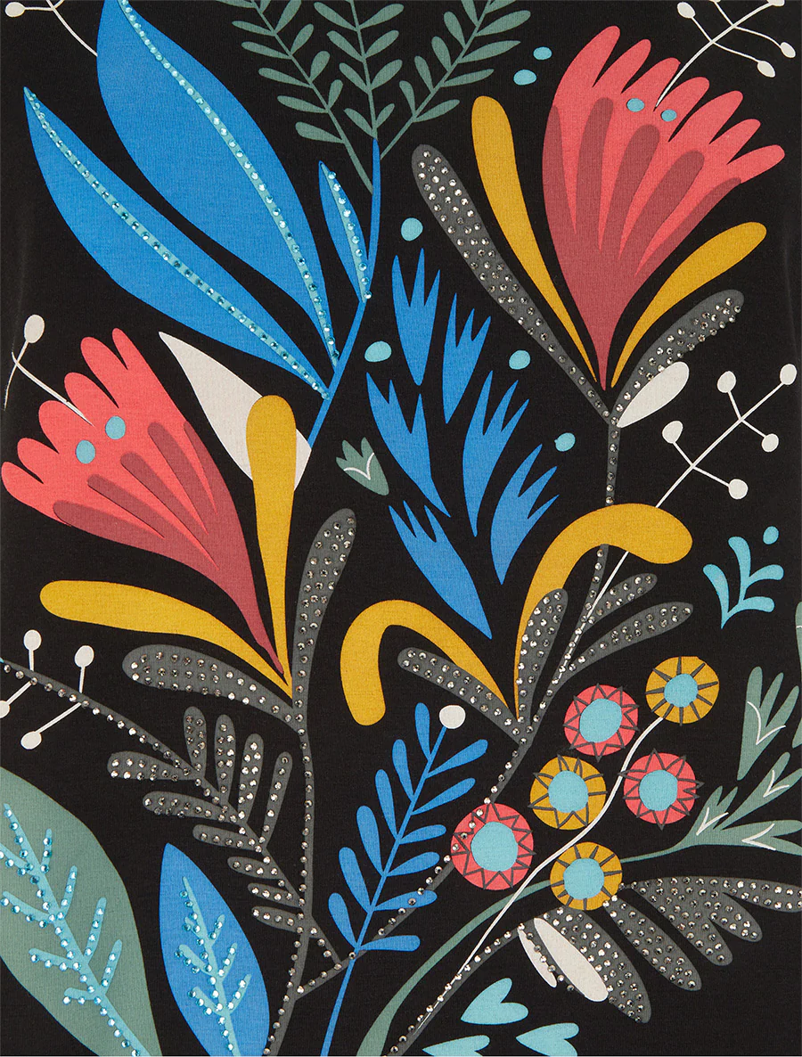 T-shirt met bloemenmotief en strasssteentjes - Zwart - Image 3
