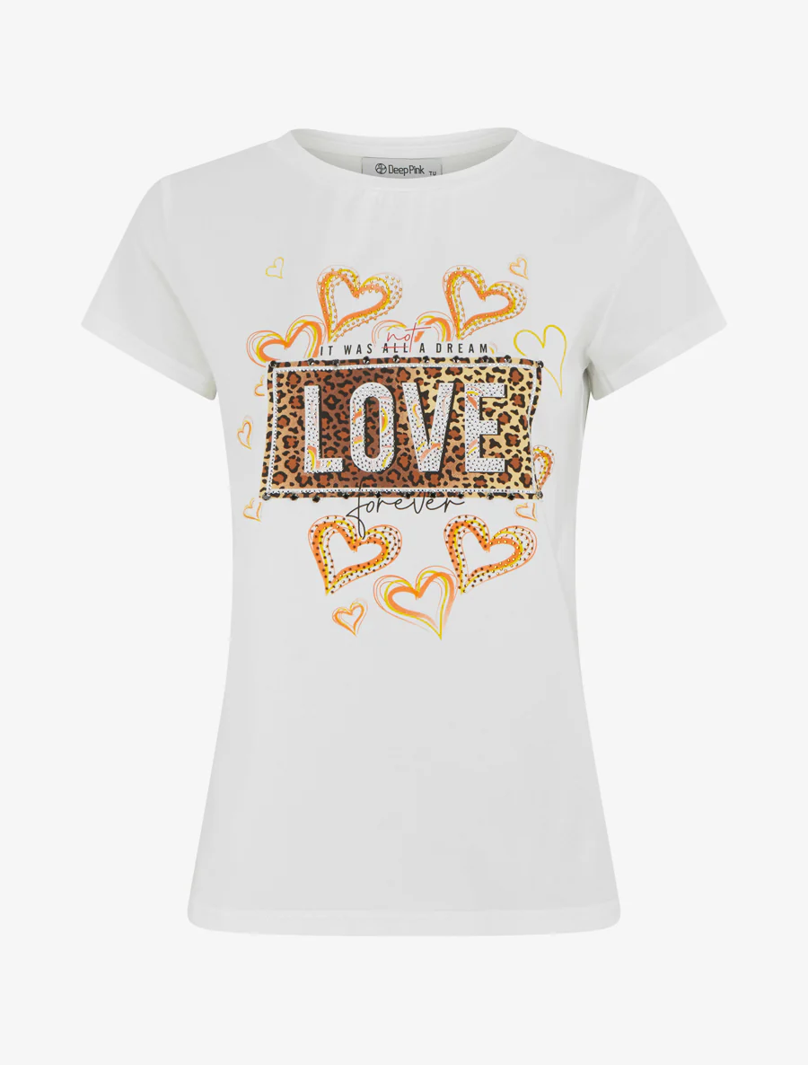 T-shirt met boodschap en met bloemenpatroon met strass-steentjes. - Wit
