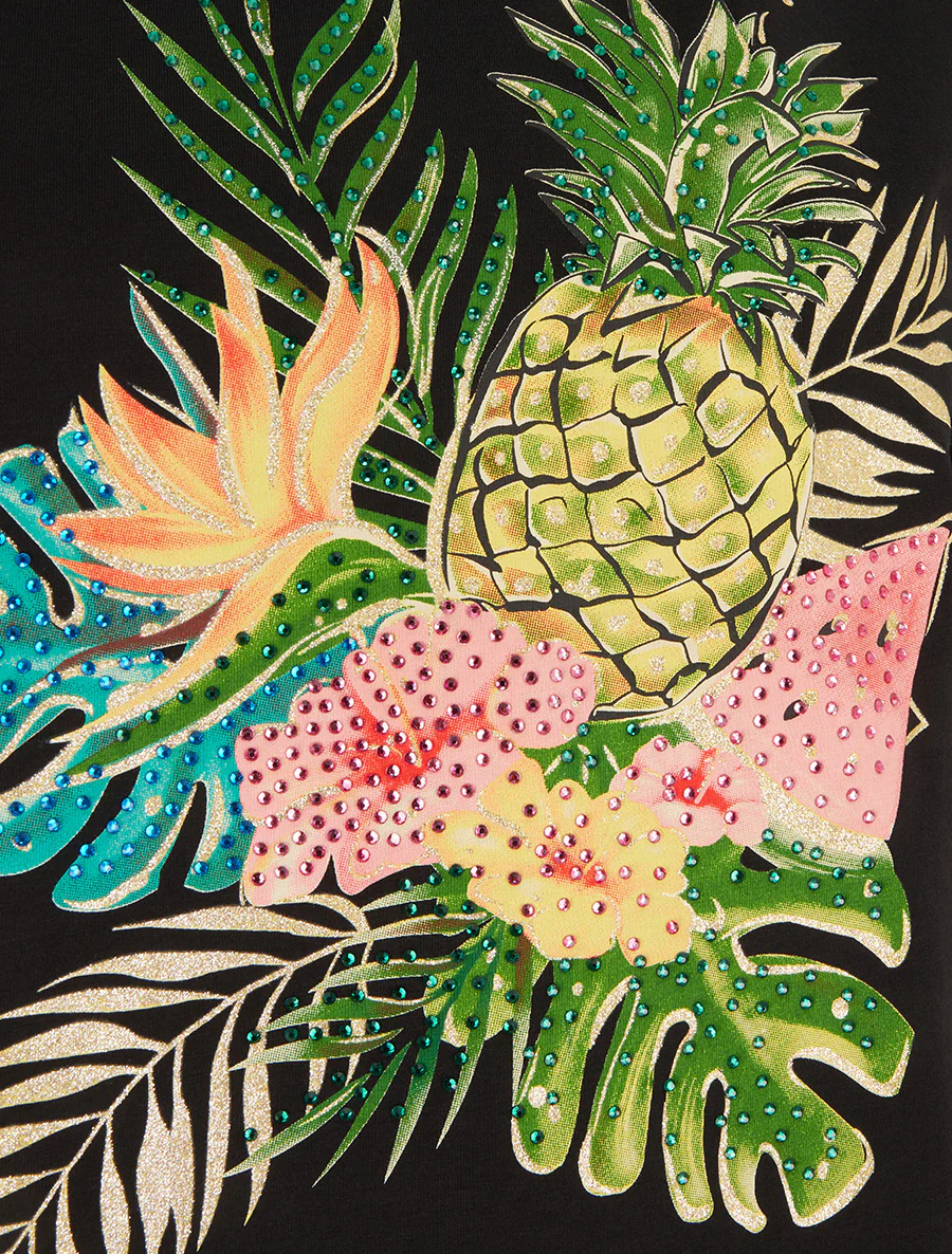 T-shirt met fruitenprint en strass. - Zwart - Image 3