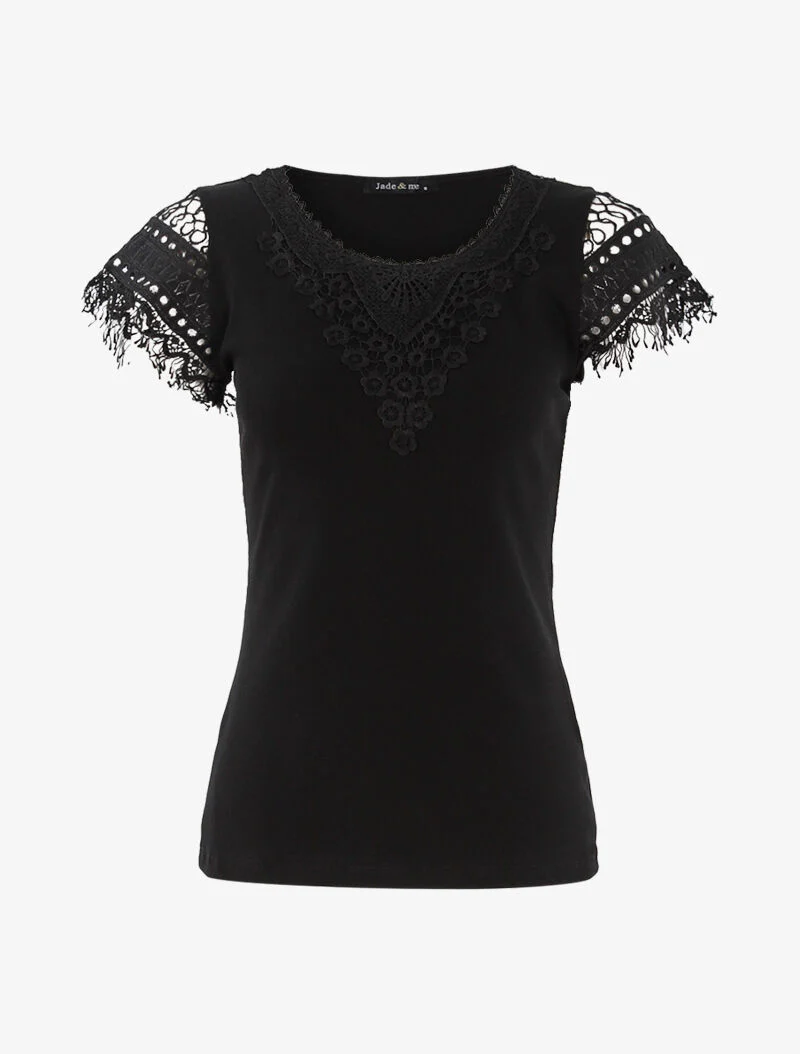T-shirt met haakwerk inzetstuk - zwart