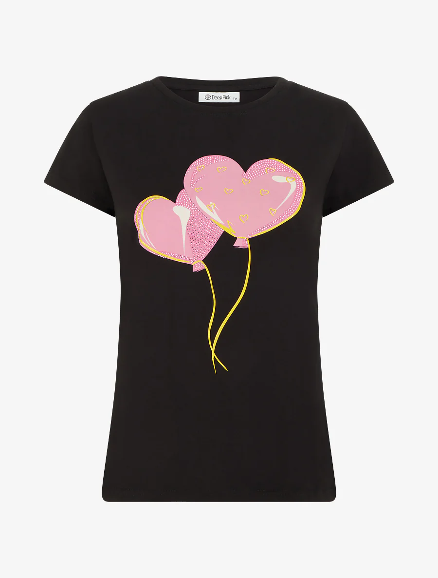 T-shirt met hartjesmotief - Zwart