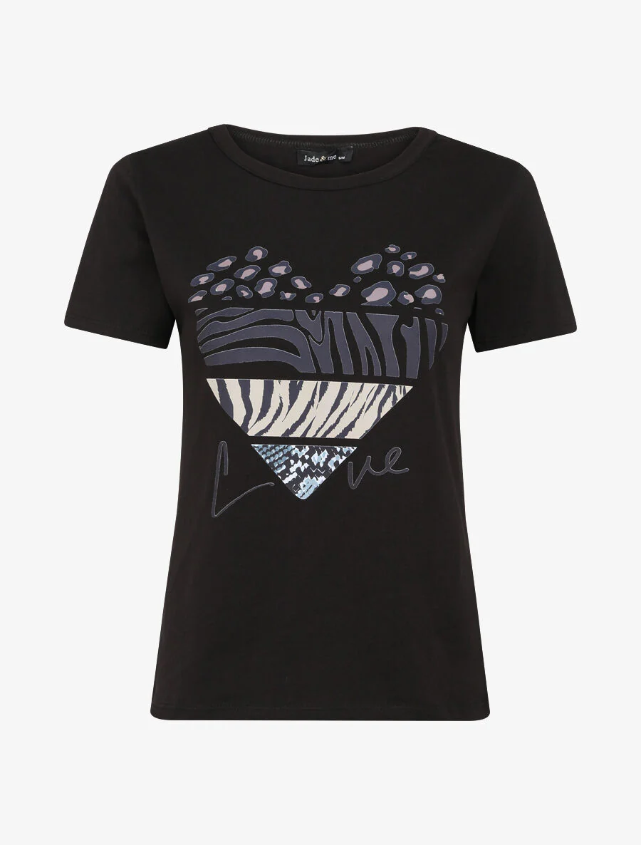 T-shirt met hartmotief en dierprint - Zwart