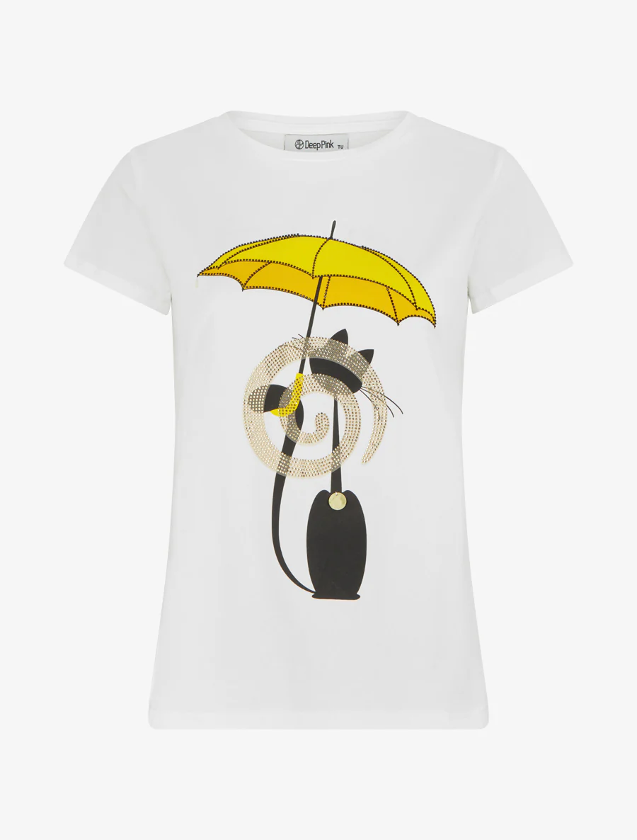 T-shirt met kattenmotief en strassparaplu. - Wit
