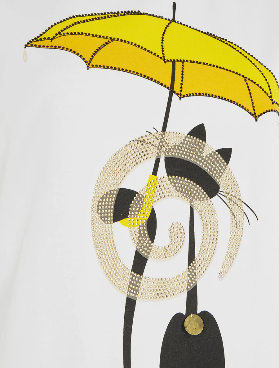T-shirt met kattenmotief en strassparaplu. - Wit - Image 3