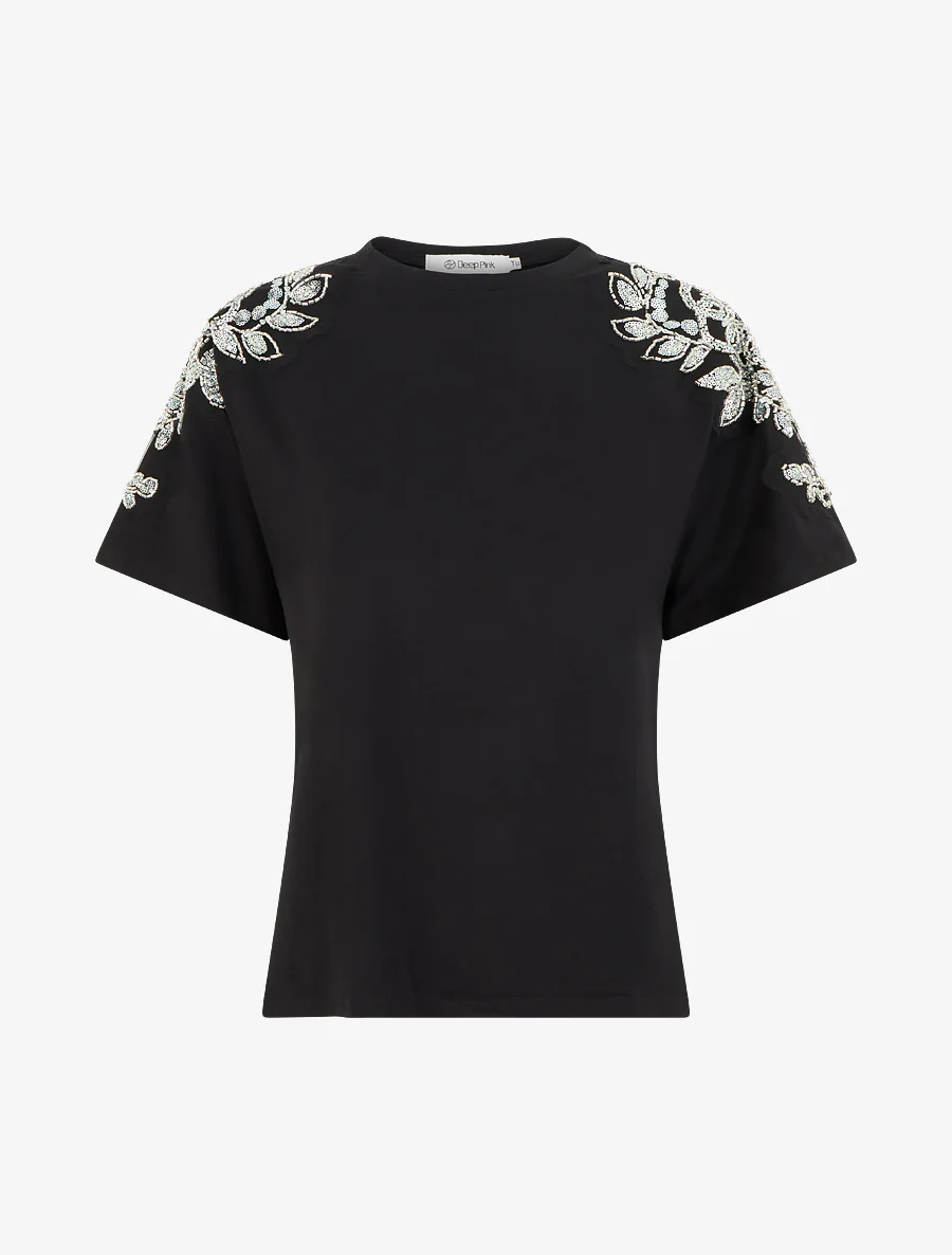 T-shirt met korte mouwen en schouderstrass. - Zwart