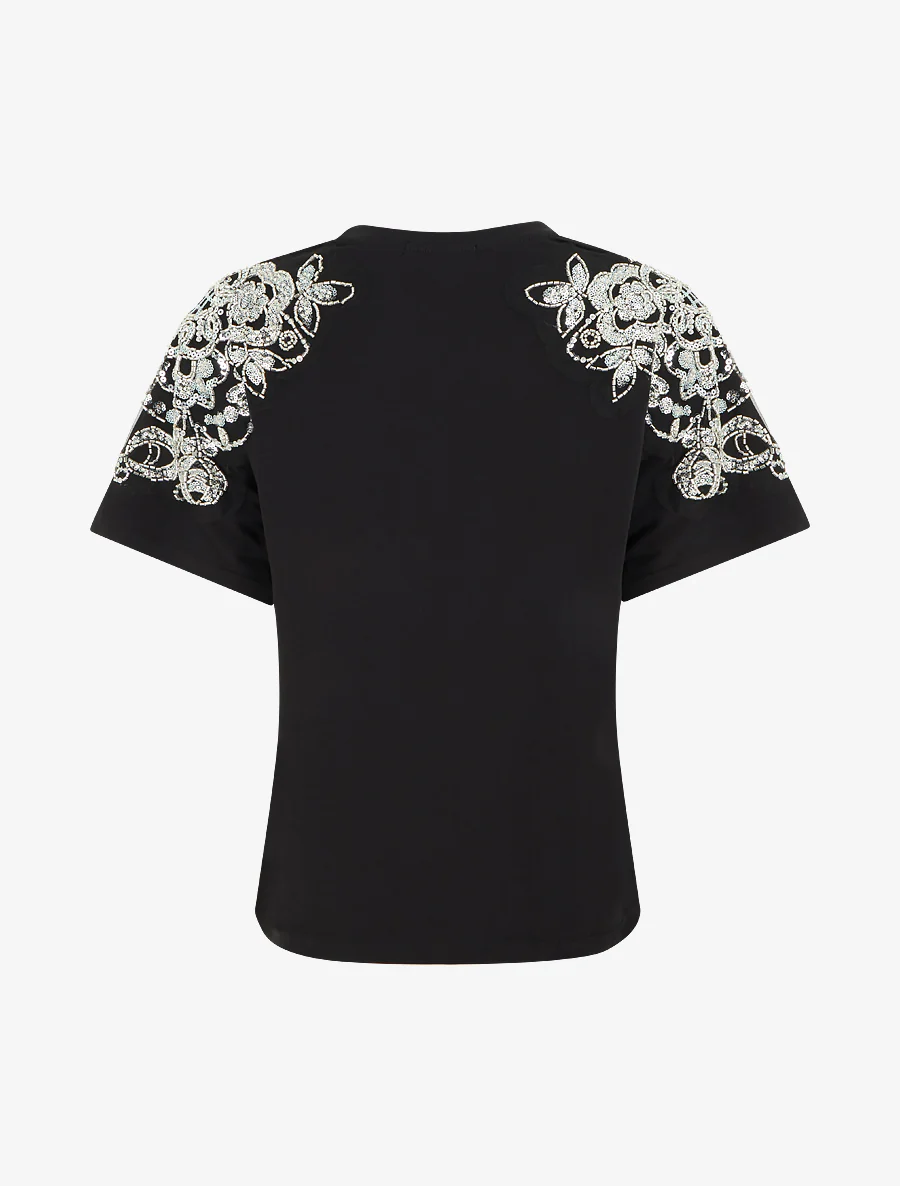 T-shirt met korte mouwen en schouderstrass. - Zwart - Image 2