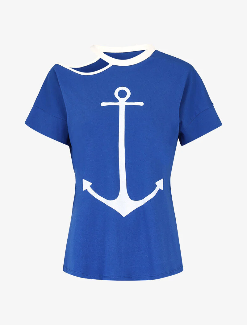 T-shirt met opdruk en uitsnijding bij de halslijn - koningsblauw