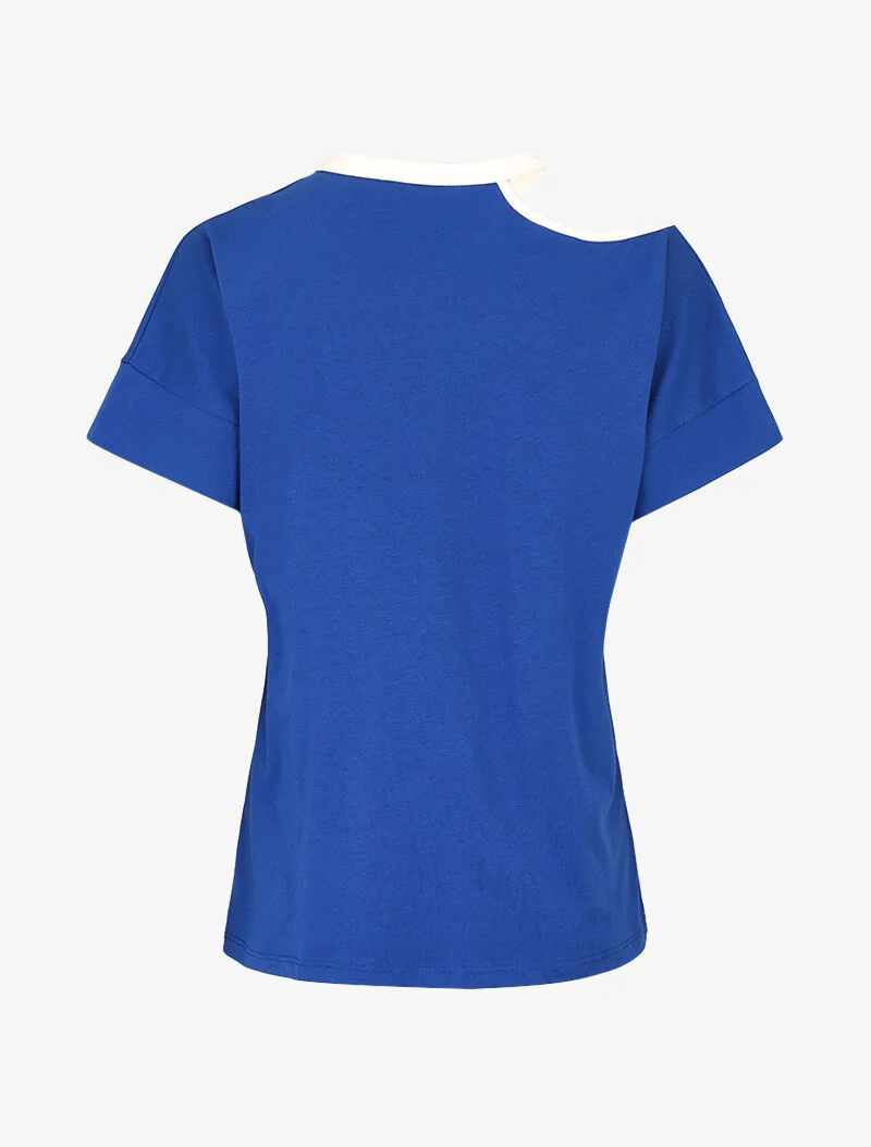 T-shirt met opdruk en uitsnijding bij de halslijn - koningsblauw - Image 2