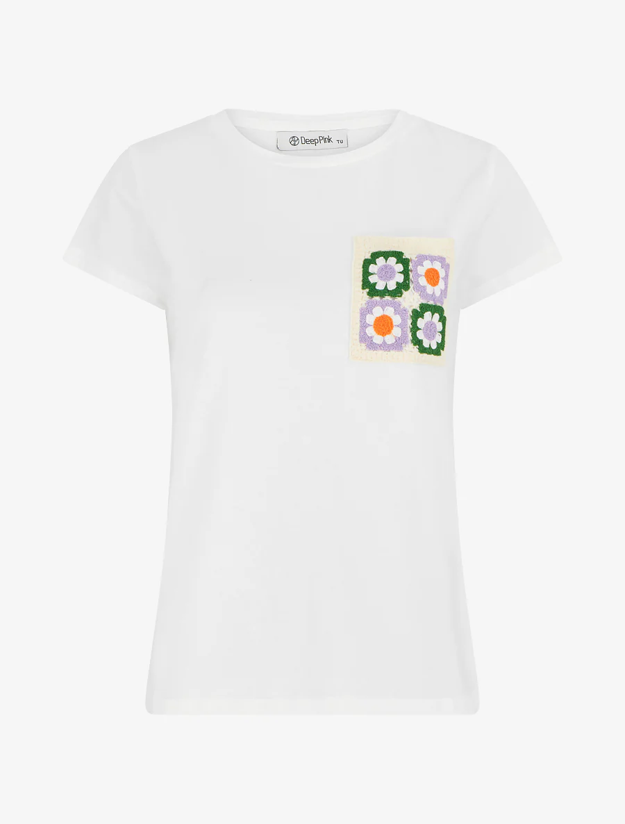 T-shirt met opgestikte zak en bloemenmotief - Wit