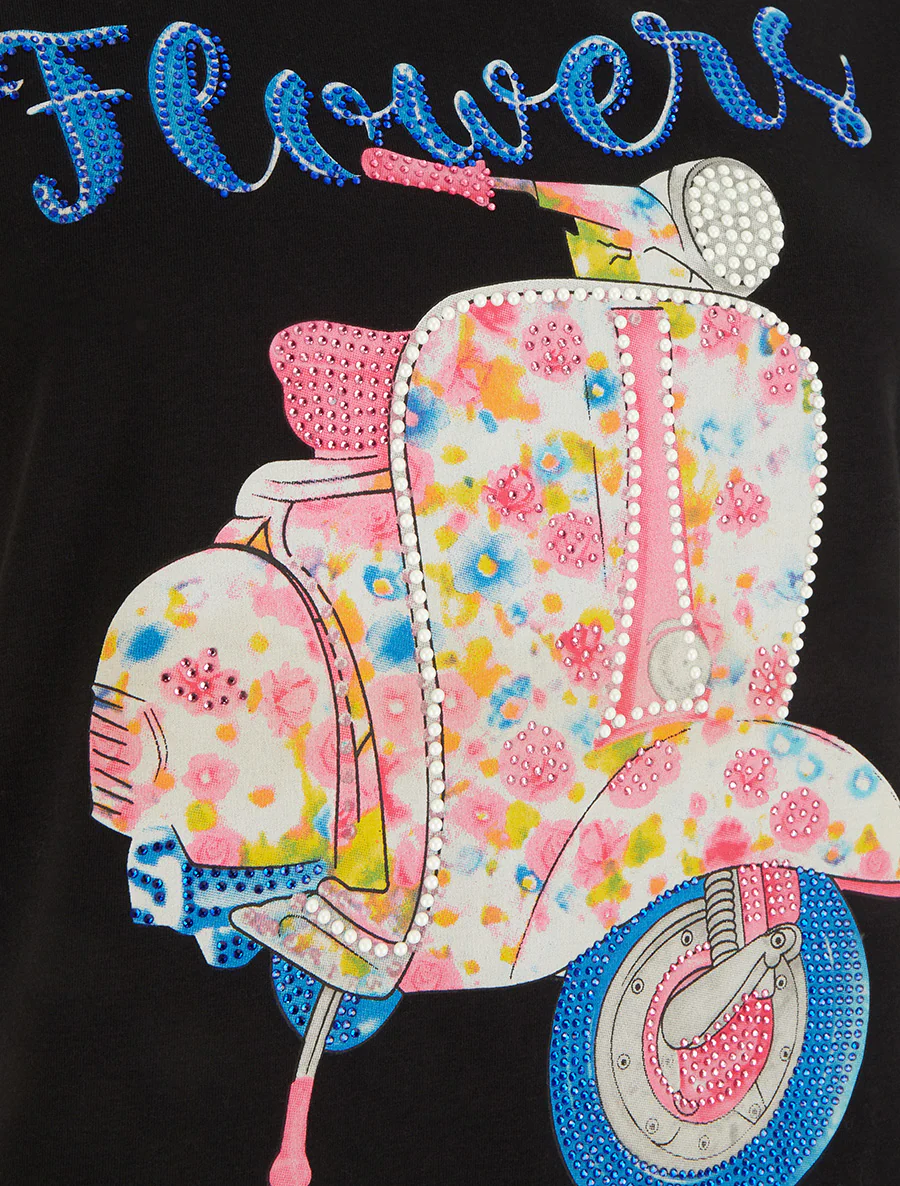 T-shirt met scooterpatroon met strass-steentjes - Zwart - Image 3