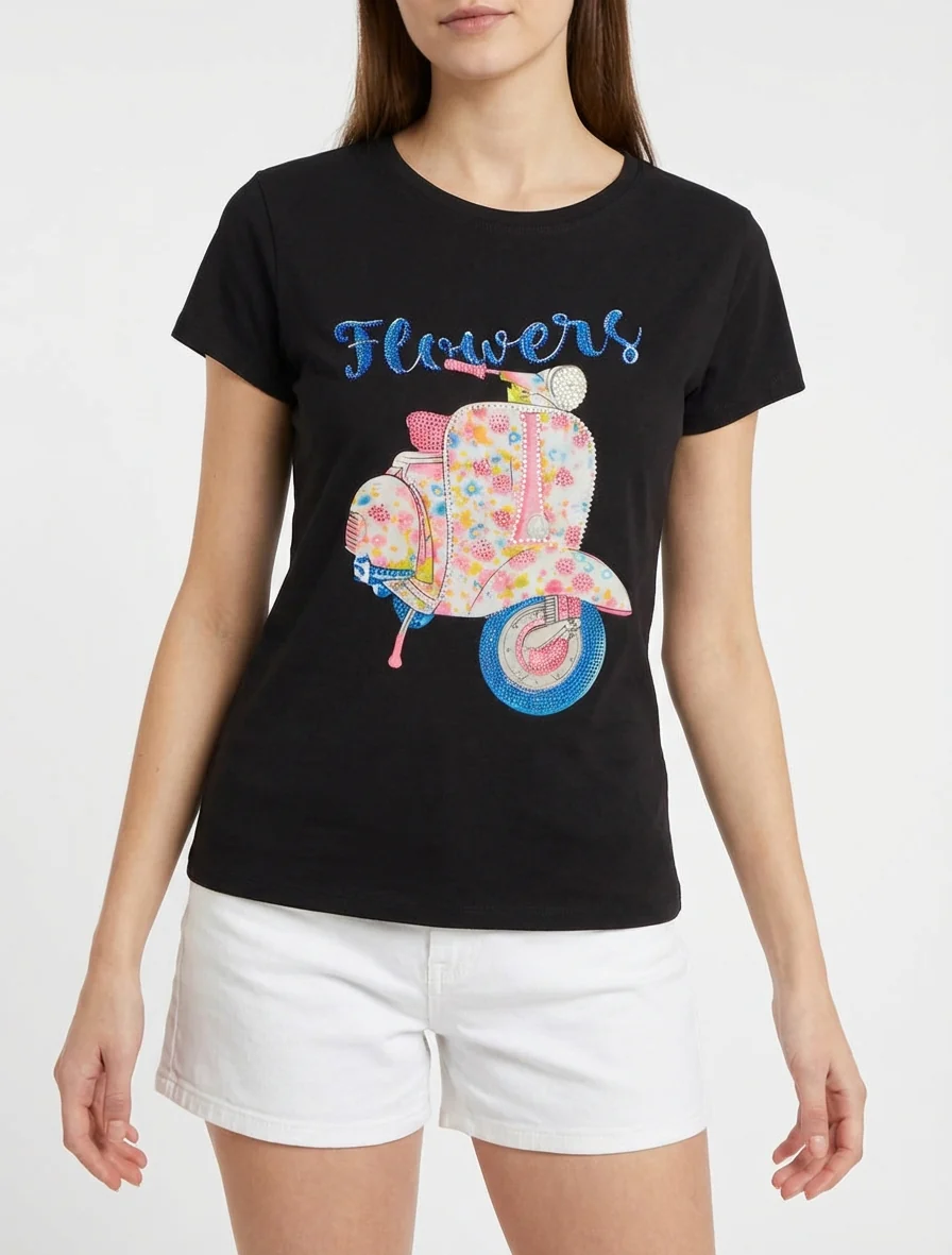 T-shirt met scooterpatroon met strass-steentjes - Zwart - Image 4