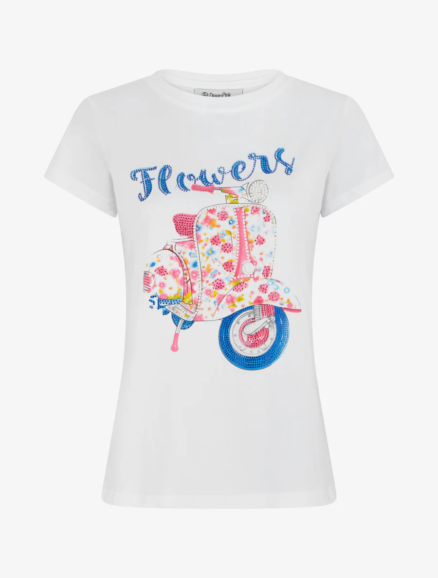 T-shirt met scooterpatroon met strass-steentjes - Wit