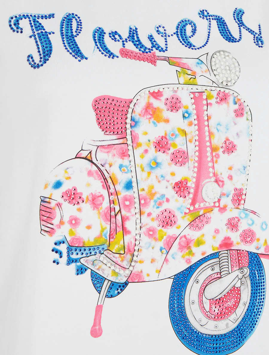 T-shirt met scooterpatroon met strass-steentjes - Wit - Image 3