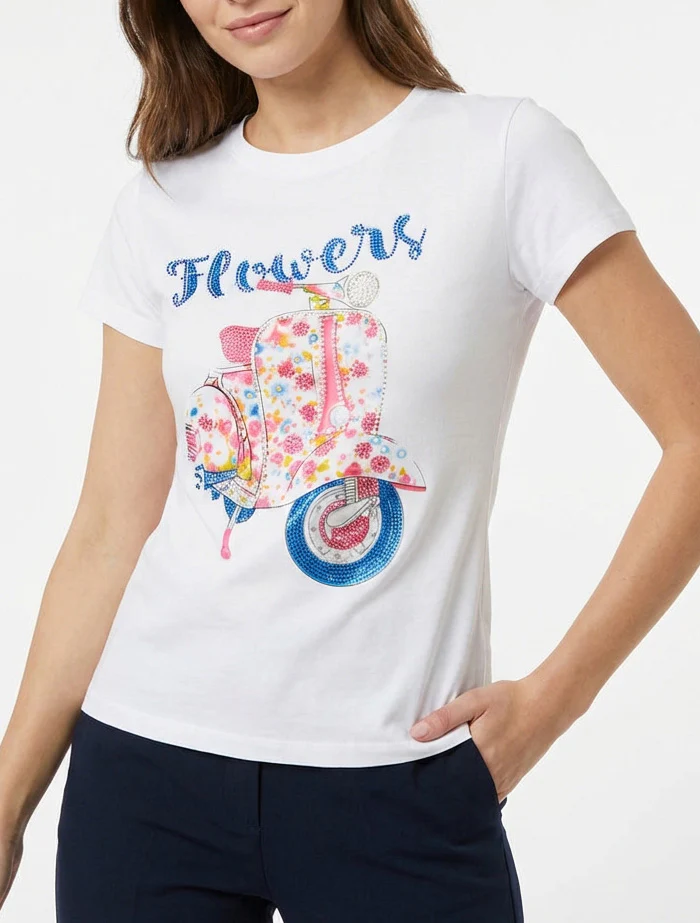 T-shirt met scooterpatroon met strass-steentjes - Wit - Image 4