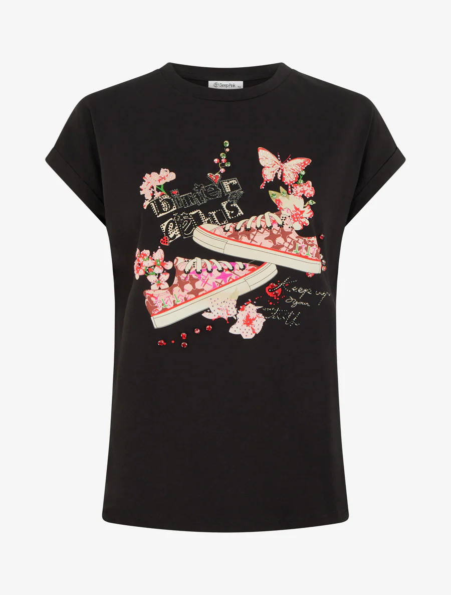 T-shirt met sneakers en vlinders motief - Zwart