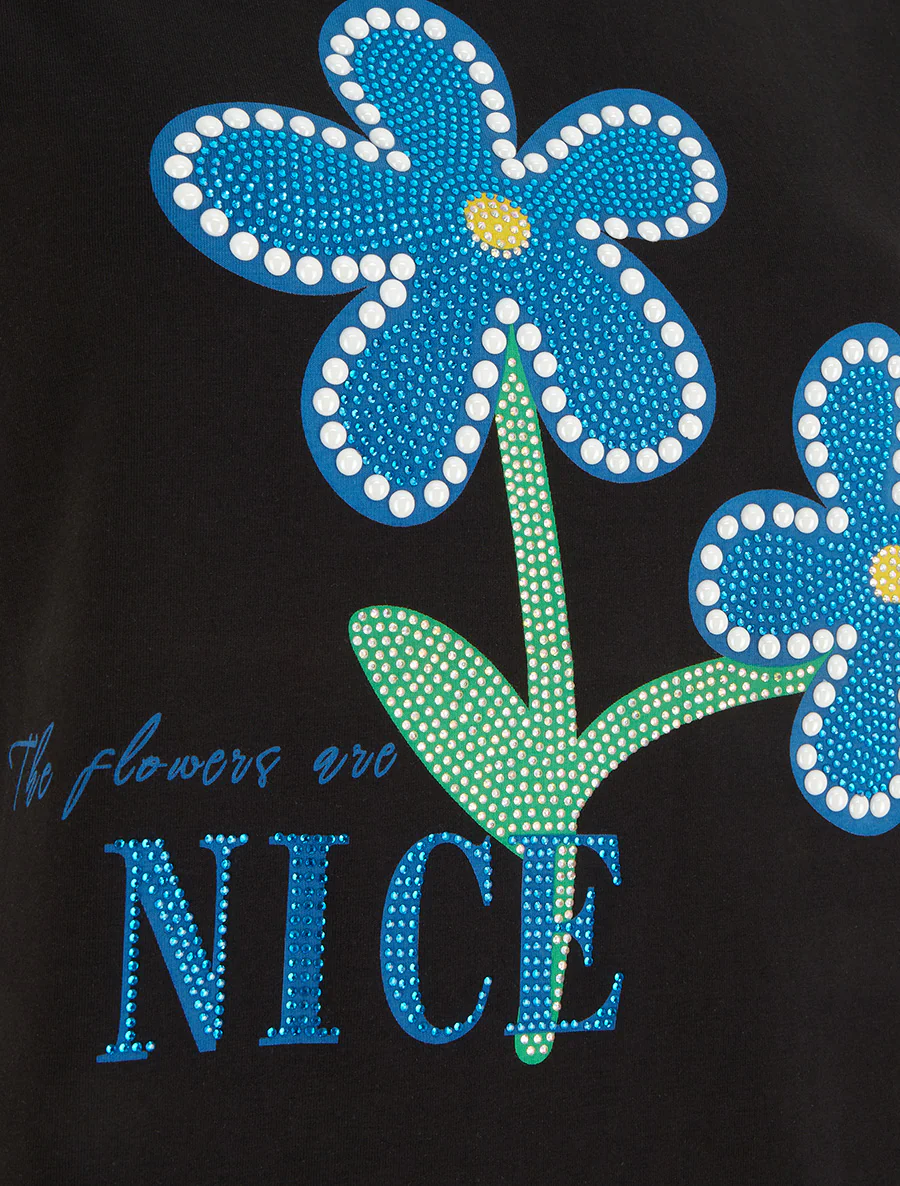T-shirt met strass en bloemen - Zwart - Image 3