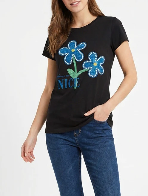 T-shirt met strass en bloemen - Zwart - Image 4