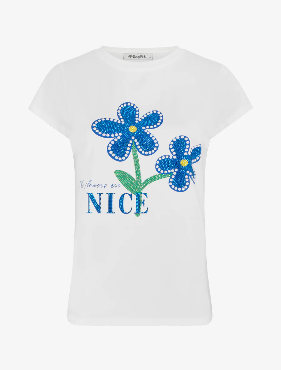 T-shirt met strass en bloemen - Wit