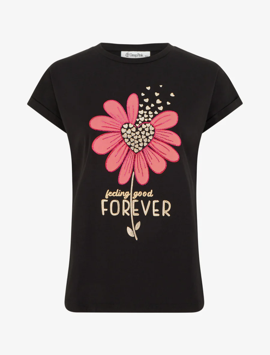 T-shirt met strass en bloemenflock. - Zwart