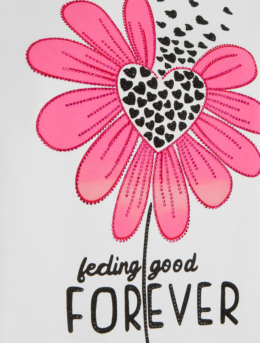 T-shirt met strass en bloemenflock. - Wit - Image 3