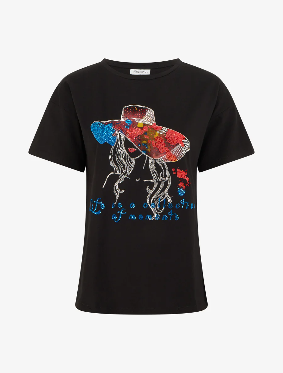 T-shirt met strass en motief van dame met hoed - Zwart