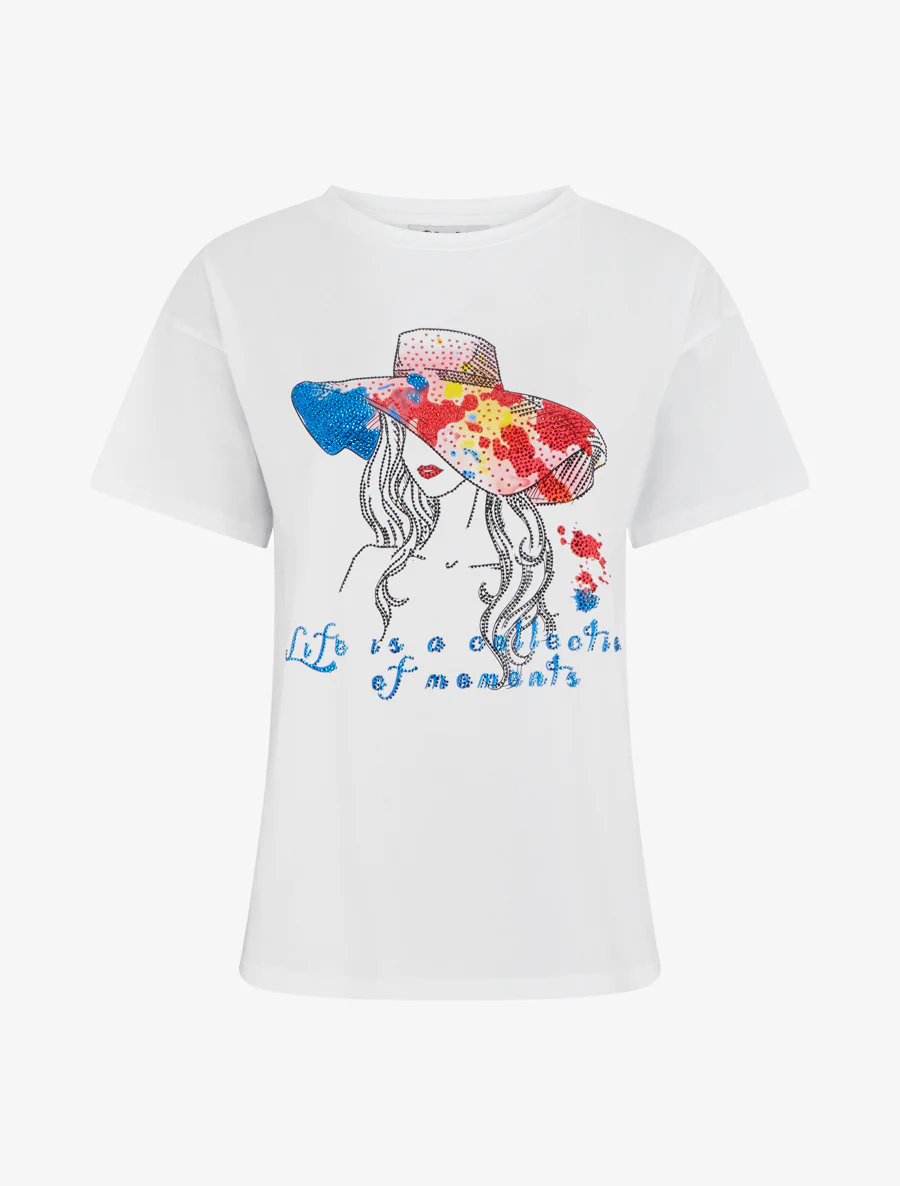 T-shirt met strass en motief van dame met hoed - Wit
