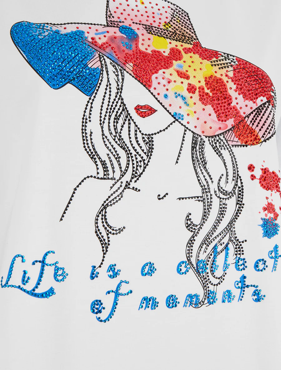 T-shirt met strass en motief van dame met hoed - Wit - Image 3