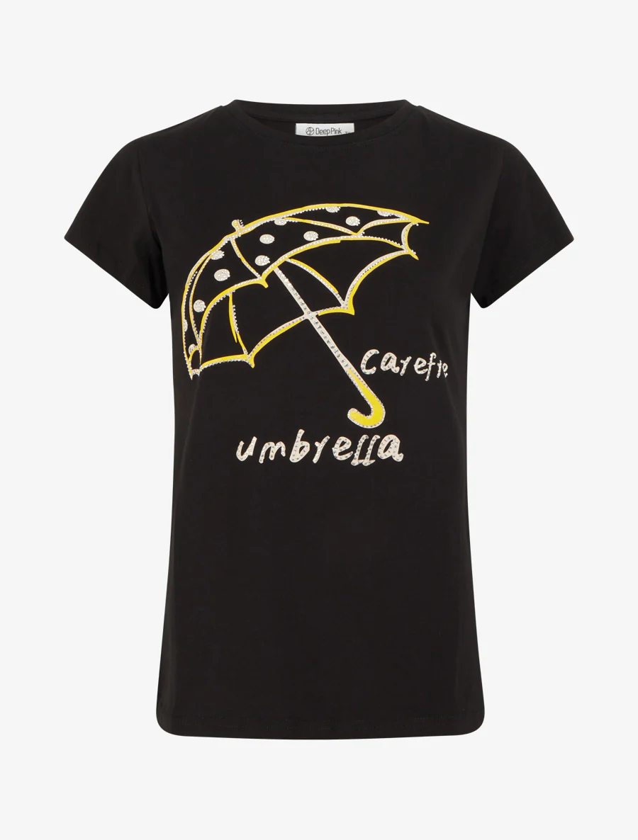 T-shirt met strass en parapluimotief - Zwart