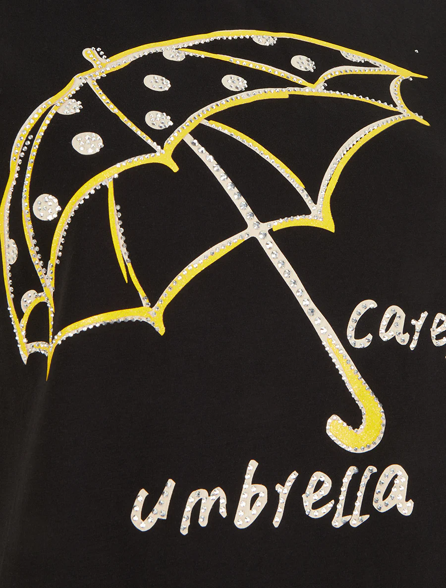 T-shirt met strass en parapluimotief - Zwart - Image 3