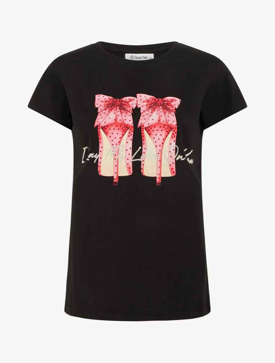 T-shirt met strass en stiletto motief - Zwart
