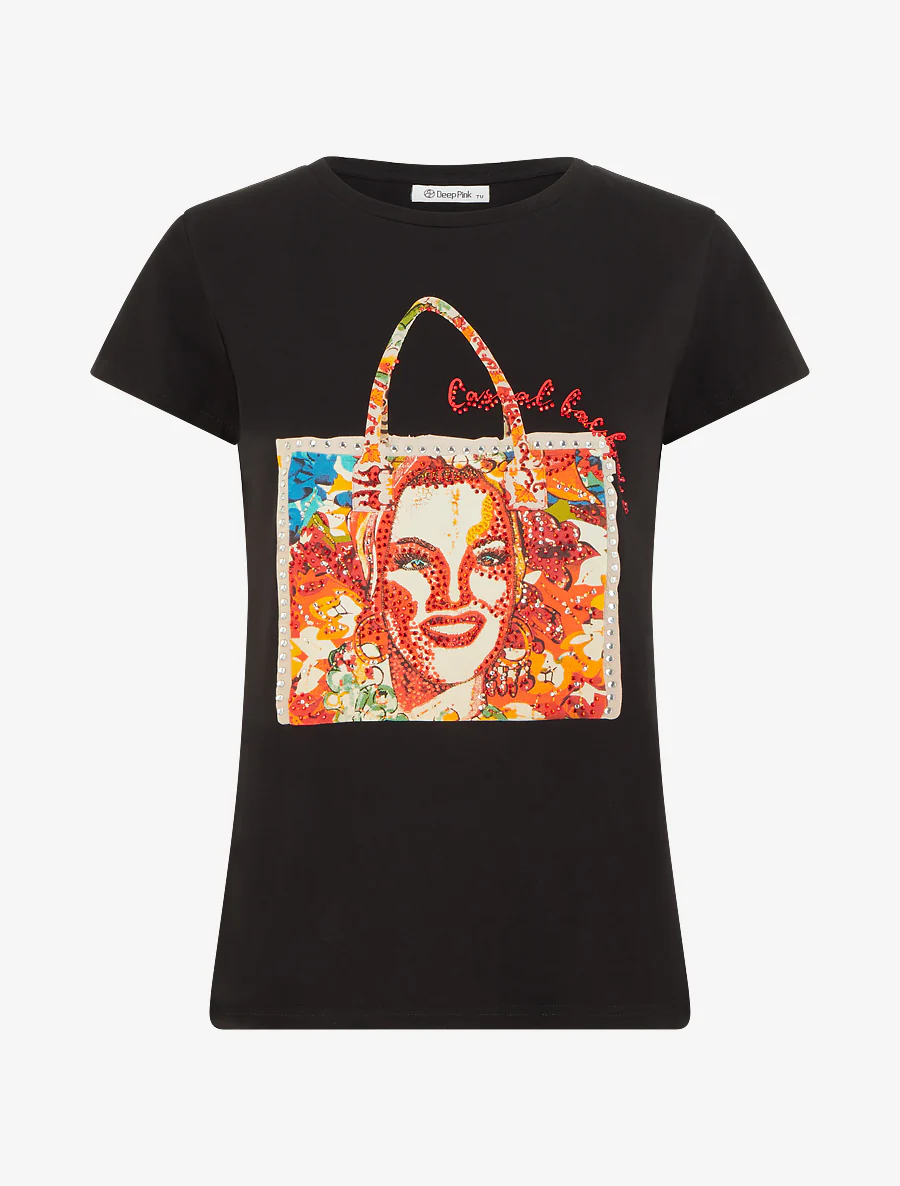 T-shirt met strass en tassenmotief - Zwart