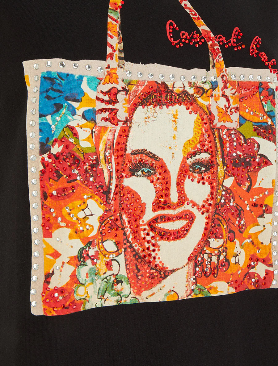 T-shirt met strass en tassenmotief - Zwart - Image 3