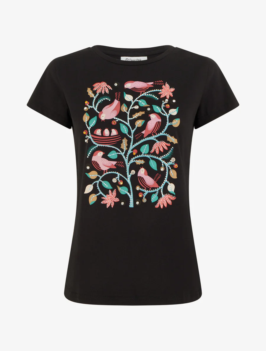 T-shirt met strass en vogelprint - Zwart