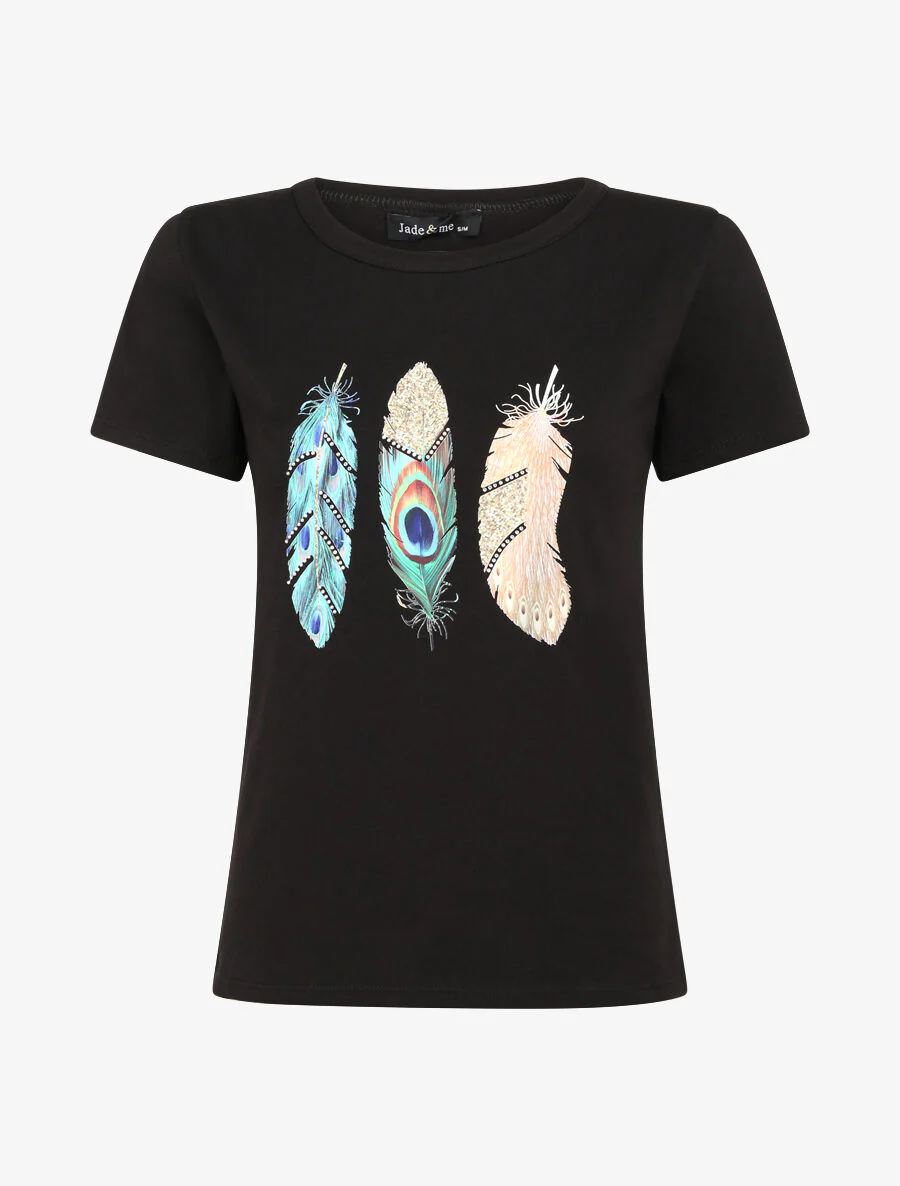 T-shirt met veren- en strassmotief - Zwart