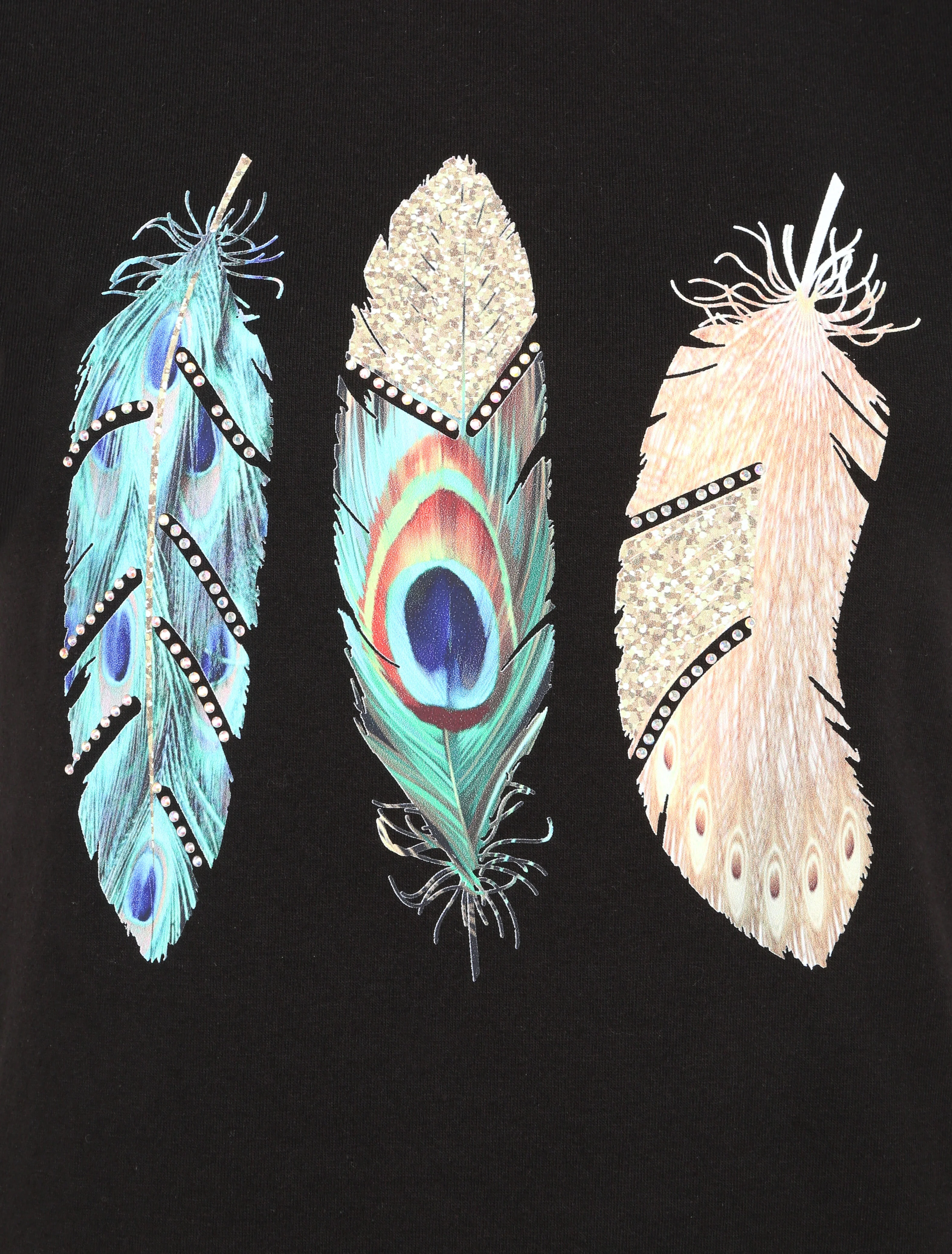 T-shirt met veren- en strassmotief - Zwart - Image 3