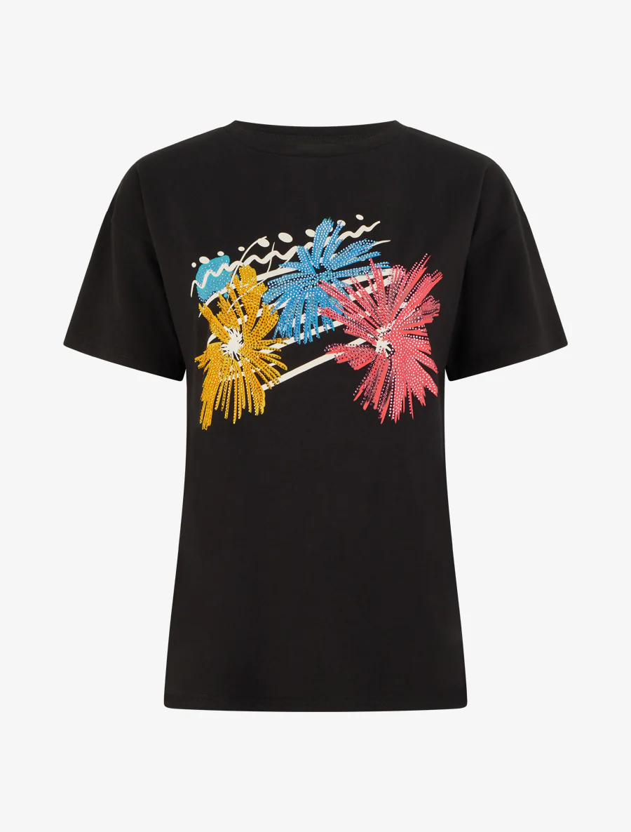 T-shirt met vuurwerkprint en strass - Zwart