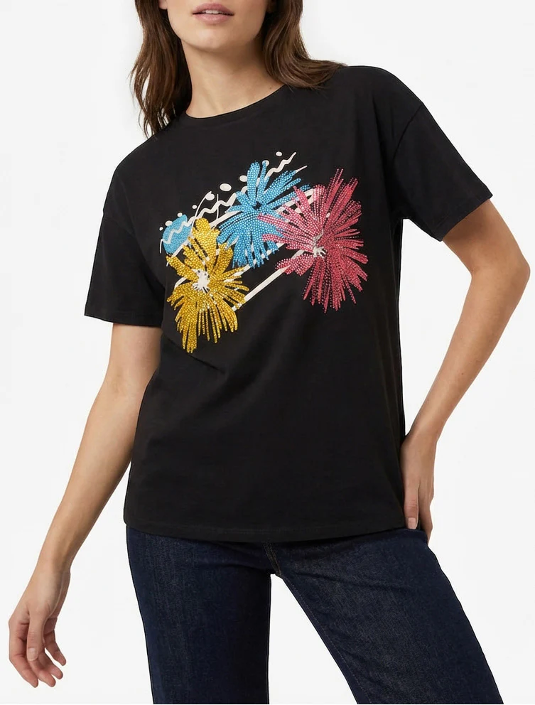 T-shirt met vuurwerkprint en strass - Zwart - Image 4