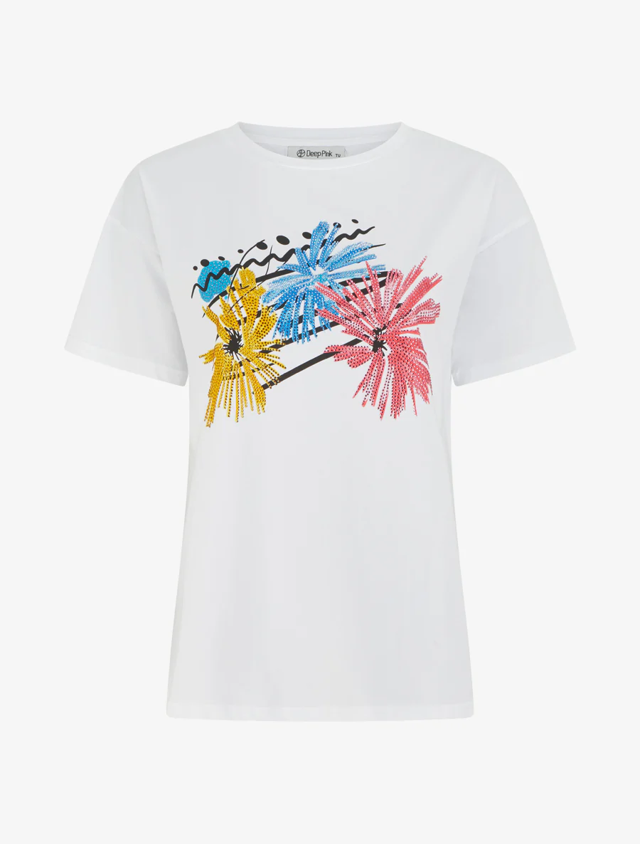 T-shirt met vuurwerkprint en strass - Wit