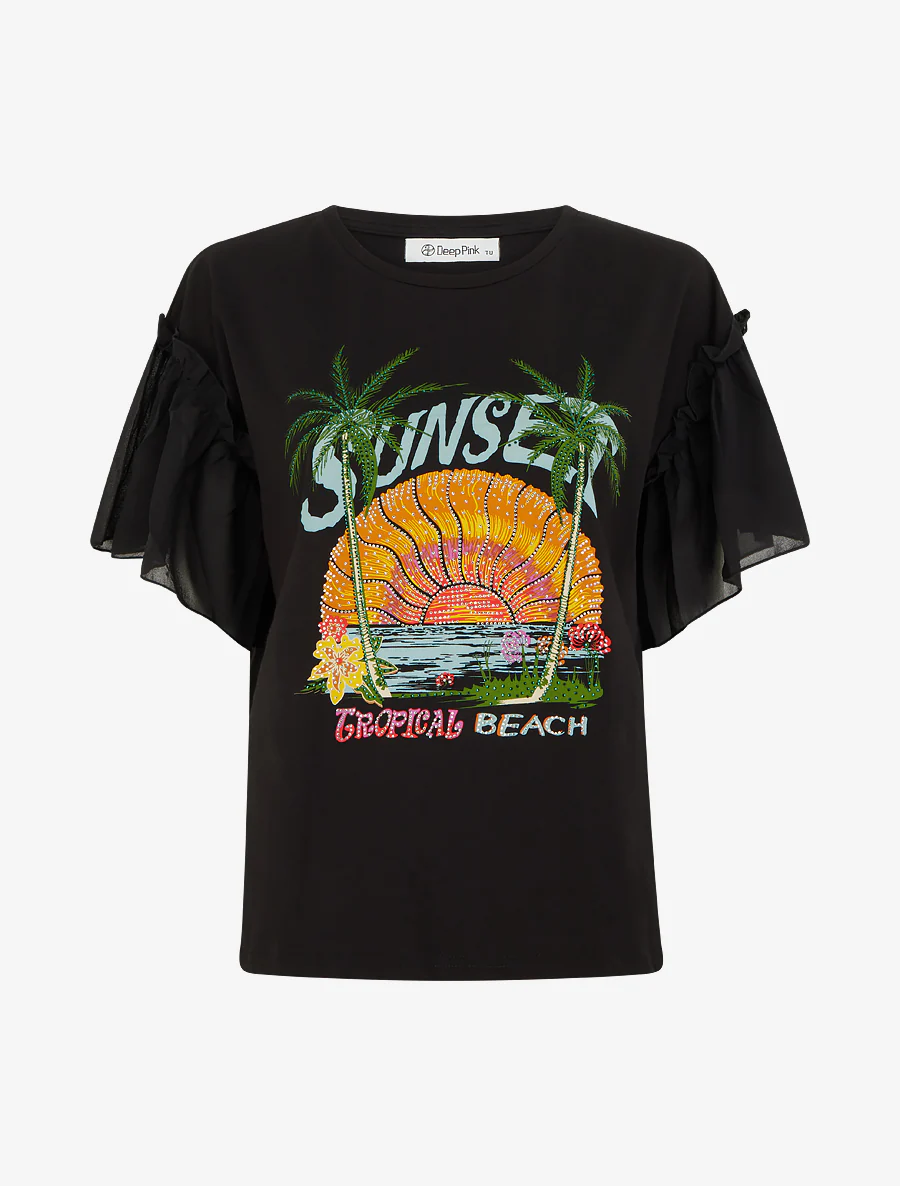 T-shirt met zonsondergangmotief en strass-steentjes - Zwart