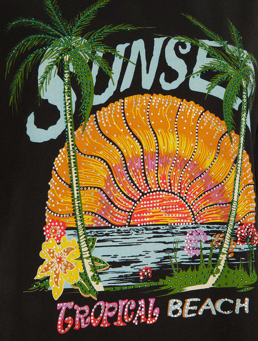 T-shirt met zonsondergangmotief en strass-steentjes - Zwart - Image 3