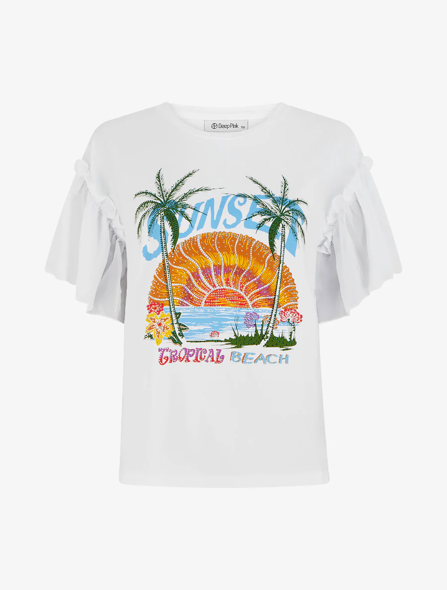 T-shirt met zonsondergangmotief en strass-steentjes - Wit