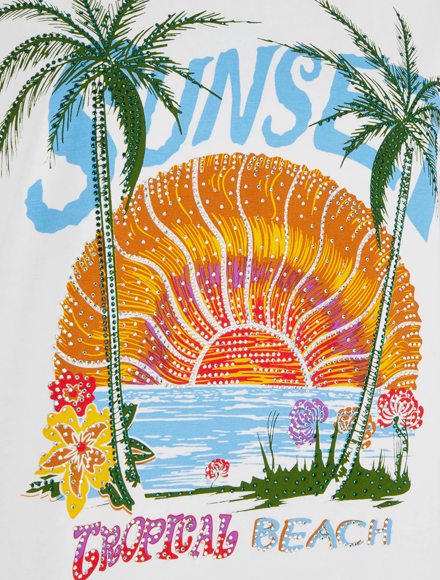 T-shirt met zonsondergangmotief en strass-steentjes - Wit - Image 3