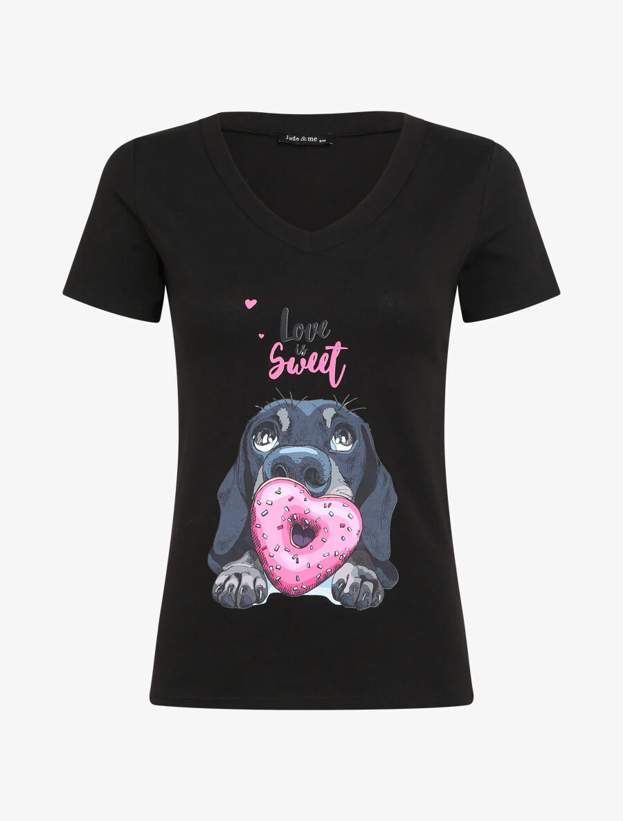 T-shirt slim Liefde is zoet - Zwart